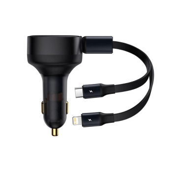 INCARCATOR auto Baseus Enjoyment, cablu inclus max 75cm, 1 x USB Type-C(T) max 5V/3A 30W, 1x Iphone Lightning 5V/3A total output 25 cm , pt. bricheta auto, negru CGTX000001 (timbru verde 0.8 lei) - 