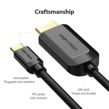 Cablu video Vention, USB Type-C(T) la HDMI(T), 1.5m, rezolutie maxima 4K la 30Hz, conectori auriti, cupru, invelis PVC, negru, CGUBG (timbru verde 0.18lei) - 6922794742062 
