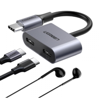 ADAPTOR Incarcare si audio Ugreen, CM232, 1 x USB Type-C(T) la 2 x USB Type-C(M), lungime cablu 15 cm, gri 60165 (timbru verde 0.08 lei) - 6957303861651 