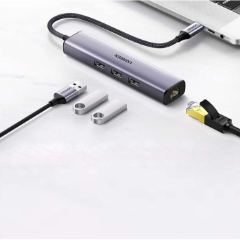 ADAPTOR RETEA Ugreen, cm475 extern, USB 3.0 (T) la port Gigabit RJ-45, porturi USB: USB 3.0 x 3, USB Type-C x 1, argintiu 60554 (timbru verde 0.18 lei) - 6957303865543 