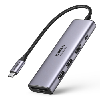 DOCKING Station Ugreen, CM511 conectare PC USB Type-C, USB 3.0 x 2|HDMI x 1/4K/60Hz|Card reader x 1|USB Type C x 1 PD 100W, aluminiu, gri 60384 (timbru verde 0.8 lei) -6957303863846 