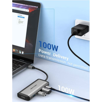 Docking Station Vention, porturi: HDMI (M), 3 x USB 3.2 gen1, PD 100 W, conectare prin USB Type-C (T), rata transfer 5 Gbps, aliaj Al si ABS, argintiu, CNBHB (timbru verde 0.18 lei) - 6922794741348 