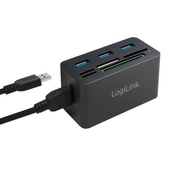 HUB extern LOGILINK, porturi USB: USB 3.0 x 3, conectare prin USB 3.0, alte porturi: SD, MicroSD, M2, MS Duo/Pro, CF, negru, CR0042 (timbru verde 0.8 lei) 