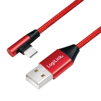 CABLU alimentare si date LOGILINK, pt. smartphone, USB 2.0 (T) la USB 2.0 Type-C (T) la 90 grade, 1m, premium, cablu cu impletire din bumbac, rosu, CU0146 (timbru verde 0.08 lei) 