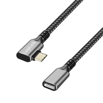 CABLU alimentare si date LOGILINK, pt. smartphone, USB 3.2, USB Gen Type-C (T) la USB Type-C (F) la 90 grade, 1m, PD 100W, 2 x ecranat, aluminiu, braiding, negru&gri, 