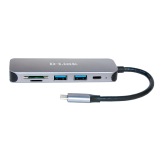HUB extern D-LINK, porturi 2 x SuperSpeed USB 3.0, 1 x USB-C (Thunderbolt 3) port with data sync, Dual-Slot SD/microSD/SDHC/SDXC Card Reader, conectare prin USB Type C, cablu 10 cm, metalic, argintiu 