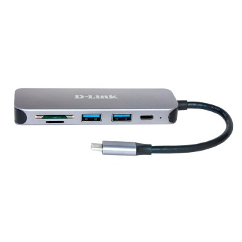HUB extern D-LINK, porturi 2 x SuperSpeed USB 3.0, 1 x USB-C (Thunderbolt 3) port with data sync, Dual-Slot SD/microSD/SDHC/SDXC Card Reader, conectare prin USB Type C, cablu 10 cm, metalic, argintiu 