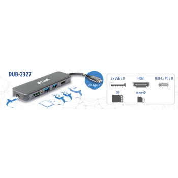 D-Link 6-IN-1 USB-C HUB W HDMI/CARD READER/POWER DELIVERY DUB-2327 D-Link 6-IN-1 USB-C HUB W HDMI/CARD READER/POWER DELIVERY DUB-2327