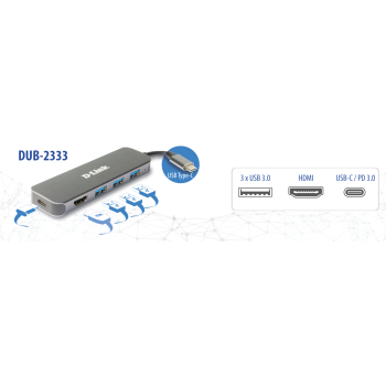 D-Link 5-IN-1 USB-C HUB W HDMI/1XHDMI 3XUSB3.0 1XUSB-C PORT DUB-2333