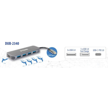 D-Link USB-C 4-PORT USB 3.0 HUB/WITH POWER DELIVERY DUB-2340