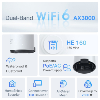 MESH TP-LINK, wireless, router AX3000, pt exterior, 3000 Mbps, port LAN si WAN Gigabit, 2.4 GHz | 5 GHz, antena interna x 2, suport PoE, standard 802.11ax, Deco X50-Outdoor(1-pack) (timbru verde 2.0 MESH TP-LINK, wireless, router AX3000, pt exterior, 3000 Mbps, port LAN si WAN Gigabit, 2.4 GHz | 5 GHz, antena interna x 2, suport PoE, standard 802.11ax, Deco X50-Outdoor(1-pack) (timbru verde 2.0