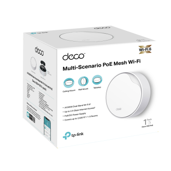 MESH TP-LINK, wireless, router AX3000, pt interior, 3000 Mbps, port LAN Gigabit si WAN 2.5 Gigabit, 2.4 GHz | 5 GHz, antena interna x 2, suport PoE, standard 802.11ax, Deco X50-PoE(1-pack) (timbru v 