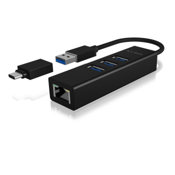 Raidsonic HUB extern Icy Box, porturi USB: USB 3.0 x 3, USB-C x 2, conectare prin USB w. adaptor la USB-C, Gigabit RJ45 x 1, aluminiu, negru, IB-HUB1419-LAN (timbru verde 0.8 lei) 