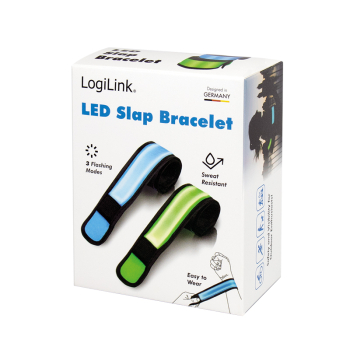 BRATARA LED LOGILINK, cu clips, 2 bucati, nailon, 3 moduri lumina, rezistent la apa, bat. CR2032, 34x4cm, 30g, albastru si verde,LED015 