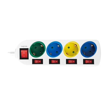 PRELUNGITOR LOGILINK, Schuko x 4, conectare prin Schuko (T), cablu 1.5 m, 16 A, protectie copii, alb/ multicolor, LPS257 (timbru verde 0.18 lei) 