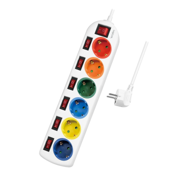 PRELUNGITOR LOGILINK, Schuko x 6, conectare prin Schuko (T), cablu 1.5 m, 16 A, protectie copii, alb/ multicolor, LPS259 (timbru verde 0.18 lei) 