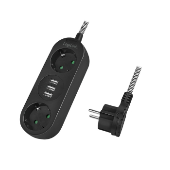 PRELUNGITOR LOGILINK, Schuko x 2, conectare prin Schuko (T), USB x 3, cablu 1.5 m, 16 A, fara protectie, negru, LPS262U (timbru verde 0.18 lei) 