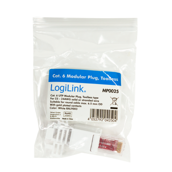 MUFA RJ-45 LOGILINK pt. cablu UTP, Cat6, RJ-45 (T), manson, pentru cablu solid/litat AWG22-24, cablu 5-6.5mm, tool-free,1 buc, MP0025 
