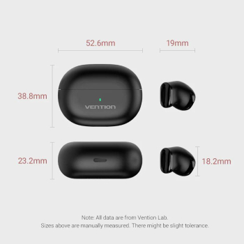Casca Vention, wireless, tip butoni, utilizare smartphone, Bluetooth 5.3, microfon pe casca, USB type-C, acumulator charging case 250mAh, pana la 20 ore, Low audio latency, dimensiuni reduse, negru,  