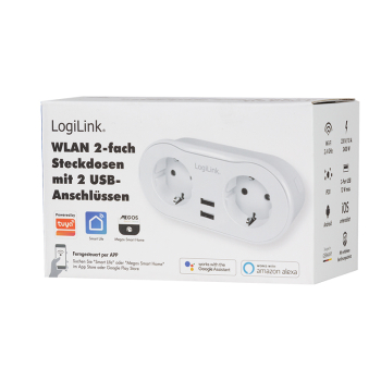 PRIZA INTELIGENTA LOGILINK, Wi-Fi Smart,Schuko x 2, USB x 2 5V/2.4A max. 12W,prot. Supracurent / supratensiune, IP20, compatibil TUYA, Amazon Alexa si Google Home, alb SH0102 (include TV 0.18lei) 