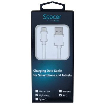 CABLU alimentare si date SPACER, pt. smartphone, USB 2.0 (T) la Lightning (T), pentru Iphone,PVC,Retail pack, 1m, White,&nbsp; SPDC-LIGHT-PVC-W-1.0 (timbru verde 0.08 lei) 