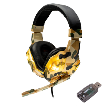 CASTI Spacer, cu fir, standard, utilizare gaming, microfon pe brat, conectare prin adaptor USB 2.0 sau Jack 3.5 mm x 2, lumina verde, camuflaj, SPGH-CAMO-USB, (timbru verde 0.8 lei) 