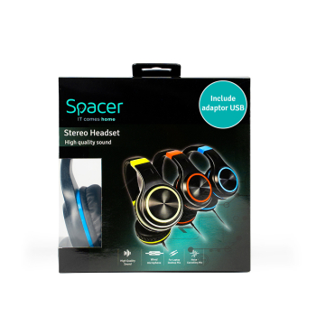 CASTI Spacer, cu fir, standard, utilizare multimedia, microfon pe fir, pliabile, banda ajustabila, conectare prin adaptor USB 2.0 sau Jack 3.5 mm x 2, negru&verde, SPHS-PEARL-GR-USB, (timbru verde 0 