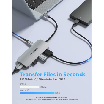 Docking Station Vention, porturi: HDMI (M), 3 x USB 3.2 gen1, PD 100 W, SD/TF dualcard slot, conectare prin USB Type-C (T), transfer 5 Gbps, aliaj Al si ABS, retea 1 Gbit, rez max. 4K la 30Hz, arginti 