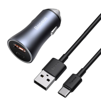 INCARCATOR auto Baseus Golden Contactor, 1 x USB Output 5V/3A si 1 x USB Type-C Output 5V/3A, total output 40W, include cablu 5A USB la USB Type-C de 1m, pt. bricheta auto, gri TZCCJD-0G (timbru ver 