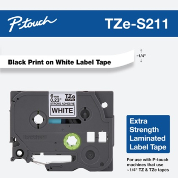 Brother TZE-S211 LAMINATED TAPE 6MM 8M/BLACK ON WHITE EXTRA-STRONG TZES211
