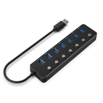 HUB extern GEMBIRD, porturi USB: USB 3.1 x 7, conectare prin USB, cu on/off, cablu 0,24 m, negru, UHB-U3P7P-01 (timbru verde 0.8 lei) - 8716309124676 