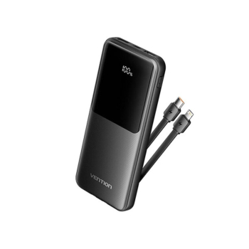 POWER BANK Vention 10.000 mAh, 22.5W PD 20W, QC, &nbsp;1x USB-C, 2x USB-A, 1x micro USB (doar pt incarcare), cablu Ligtning si USB-C integrate, afisaj LED, cablu Lightning si USB-C integrate, 314g, negru, 