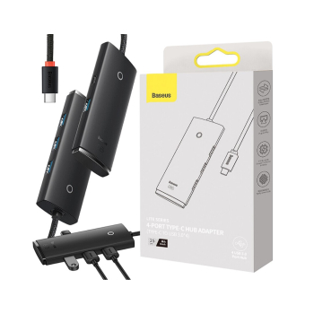HUB extern Baseus Lite, porturi USB: USB 3.0 x 4, conectare prin USB Type-C, lungime 0.25m, negru, WKQX030301 (timbru verde 0.8 lei) - 6932172606244 