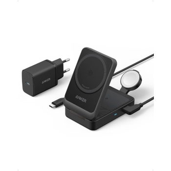 STATIE incarcare wireless Anker MagGo 15W, 3-in-1, pliabil, 3 x wireless, incarca simultan telefon, casti si smartwatch Apple, negru, B2557311 (timbru verde 0.18 lei) - 0194644157128 