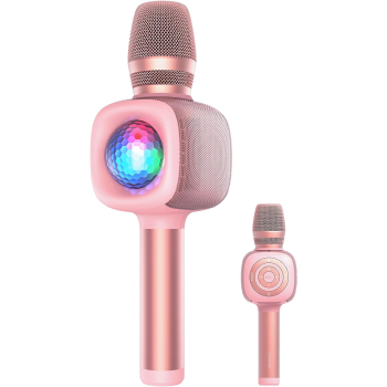 Microfon OneOdio, wireless, conectare prin Bluetooth 5.2, sensibilitate -52 dB, acumulator 1800 mAh, karaoke | Iluminare | 4 moduri voce, roz, Bopmen-Star-10-Pink (timbru verde 0.18lei) 