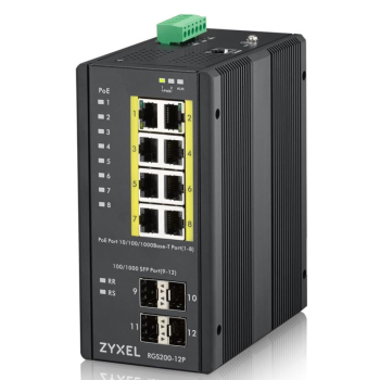 Zyxel RGS200-12P Industrial Switch 8x GbE+4x SFP, PoE DIN rail/Wall mount, IP30 Zyxel RGS200-12P Industrial Switch 8x GbE+4x SFP, PoE DIN rail/Wall mount, IP30