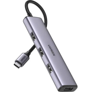 HUB extern Ugreen, CM473 porturi USB: USB 3.0 x 4, 1 x USB Type-C PD 100W, conectare prin USB 3.0, aluminiu, lungime 15 cm, gri, 20805 (timbru verde 0.8 lei) - 6957303828050 