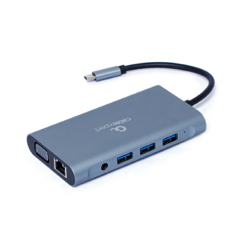 DOCKING Station Gembird universal, 7-in-1, conectare PC USB Type C, USB-C x 1, USB-A 3.1 x 3, porturi video HDMI x 1, VGA x 1, RJ45 x 1, PD 100 W, SD, microSD, Audio, argintiu, A-CM-COMBO7-01 (timbr 