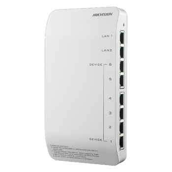 Distribuitor audio/video pentru videointerfonie Hikvision, DS-KAD606-P; 8* RJ-45 interfaces, including 6 adaptive 10/100 Mbps LAN interfaces supporting network cable powering and 2 adaptive 10/100 Mbps cascading LAN interfaces, adaptive 10/100 Mbps LAN in