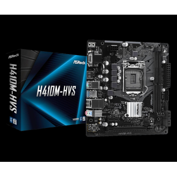 Placa de baza AsRock H410M-HVS Socket LGA 1200 Supports 10th Gen Intel Core Processors (Socket 1200) Supports DDR4 2933MHz 1 PCIe 3.0 x16, 1 PCIe 3.0 x1 Graphics Output Options : HDMI, D-Sub 7.1 CH HD 