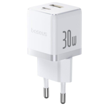 INCARCATOR retea Baseus Palm, Quick Charge 30W, 1 x USB, 1 x USB Type-C 5V/3.0A, include cablu USB Type-C la USB Type-C 1m, alb 