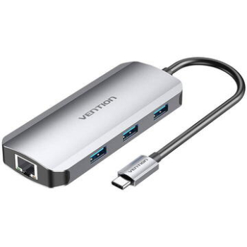 Docking Station Vention, porturi: HDMI (M), 3 x USB 3.2 gen1, RJ-45, PD 100 W, conectare prin USB Type-C (T), rata transfer 5 Gbps, aliaj Al si ABS, retea 1 Gbit, rez max. 4K la 30Hz, argintiu, TOHHB 
