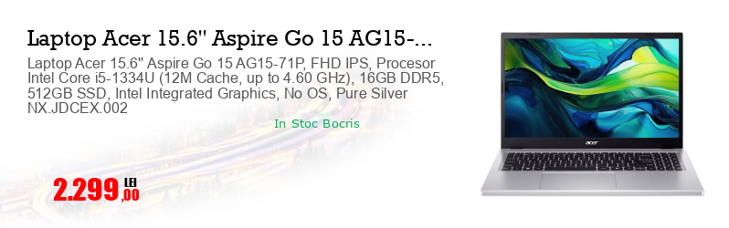 Laptop Acer 15.6'' Aspire Go 15 AG15-71P, FHD IPS, Procesor Intel Core i5-1334U (12M Cache, up to 4.60 GHz), 16GB DDR5, 512GB SSD, Intel Integrated Graphics, No OS, Pure Silver NX.JDCEX.002
