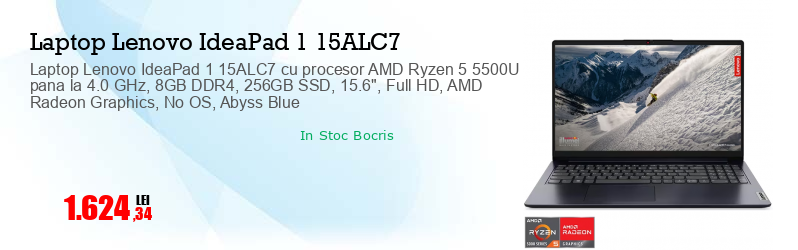 Laptop Lenovo IdeaPad 1 15ALC7 cu procesor AMD Ryzen 5 5500U pana la 4.0 GHz, 8GB DDR4, 256GB SSD, 15.6", Full HD, AMD Radeon Graphics, No OS, Abyss Blue