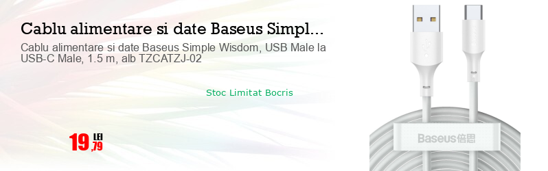 Cablu alimentare si date Baseus Simple Wisdom, USB Male la USB-C Male, 1.5 m, alb TZCATZJ-02