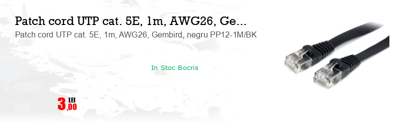 Patch cord UTP cat. 5E, 1m, AWG26, Gembird, negru PP12-1M/BK