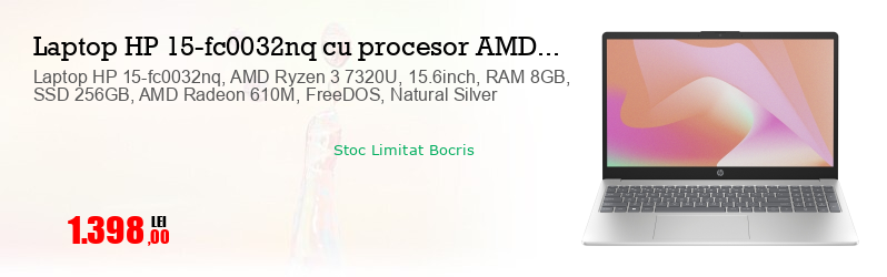 Laptop HP 15-fc0032nq, AMD Ryzen 3 7320U, 15.6inch, RAM 8GB, SSD 256GB, AMD Radeon 610M, FreeDOS, Natural Silver