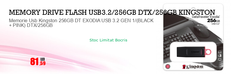 Memorie Usb Kingston 256GB DT EXODIA USB 3.2 GEN 1/(BLACK + PINK) DTX/256GB