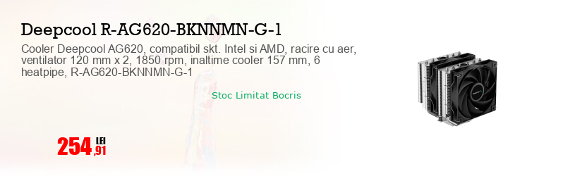 Cooler Deepcool AG620, compatibil skt. Intel si AMD, racire cu aer, ventilator 120 mm x 2, 1850 rpm, inaltime cooler 157 mm, 6 heatpipe, R-AG620-BKNNMN-G-1