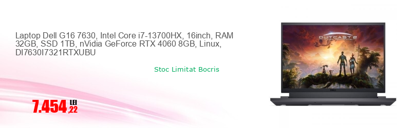 Laptop Dell G16 7630, Intel Core i7-13700HX, 16inch, RAM 32GB, SSD 1TB, nVidia GeForce RTX 4060 8GB, Linux, DI7630I7321RTXUBU